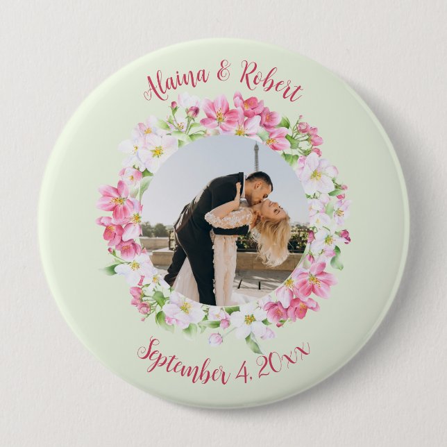 Floral Frame Favourite Photo with Personalized Tex 4 Inch Round Button (Front)