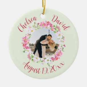 Floral Frame Favourite Photo with Personalized Tex Ceramic Ornament