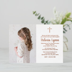 Floral Frame First Communion with Photo Foil Holiday Card