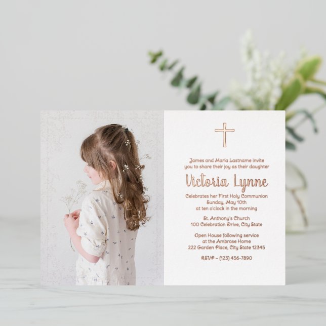 Floral Frame First Communion with Photo Foil Holiday Card (Standing Front)