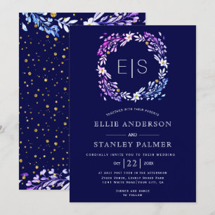 Floral frame gold confetti navy blue wedding invitation