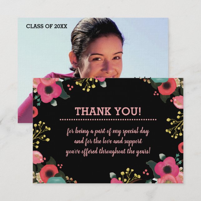 Floral Frame Graduation Thank You Photo Card (Front/Back)