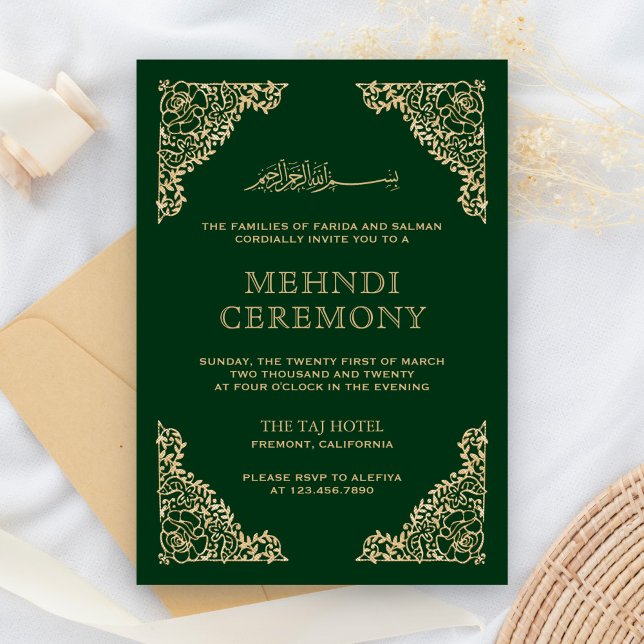 Floral Frame Green and Gold Islamic Muslim Mehndi Enclosure Card (Creator Uploaded)