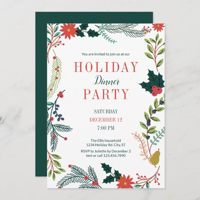 Floral Frame Holiday Dinner Party Invitation (Front/Back)