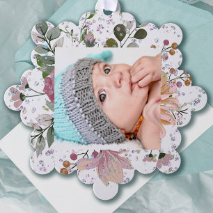 floral frame new baby  Merry Christmas Ornament Card