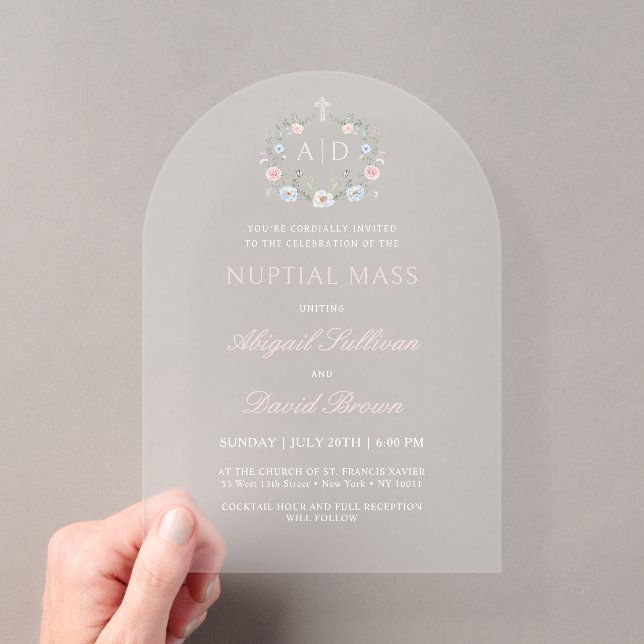 Floral Frame Nuptial Mass Religious Wedding Acrylic Invitations (Insitu (Handheld))