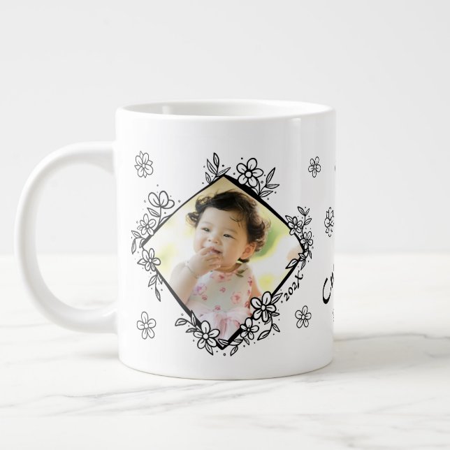 Floral Frame Personalized Picture Gift Large Coffee Mug (Left)