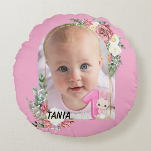  Floral Frame Pink Baby girl First christmas Round Pillow