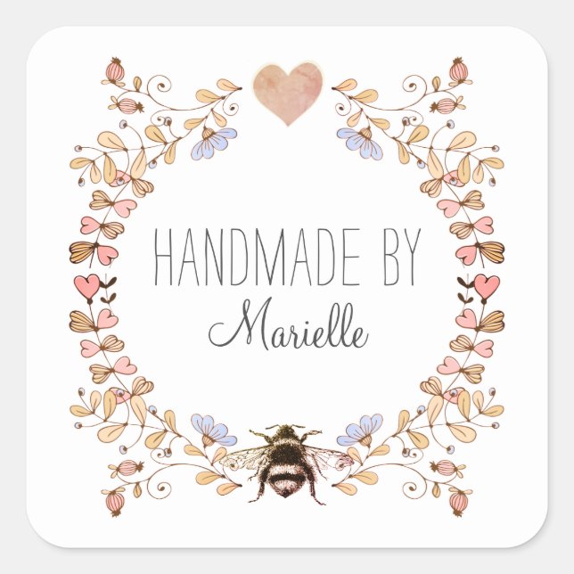 Floral Frame Pink Handmade Personalized Square Sticker (Front)