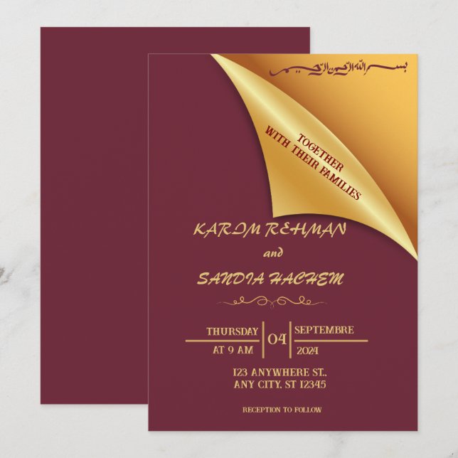 Floral Frame Plum and Gold Islamic Muslim Wedding  Invitation (Front/Back)