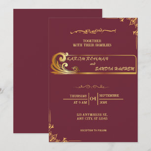 Floral Frame Plum and Gold Islamic Muslim Wedding  Invitation