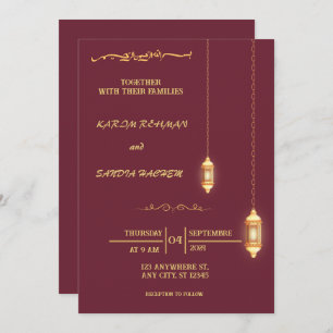 Floral Frame Plum and Gold Islamic Muslim Wedding  Invitation