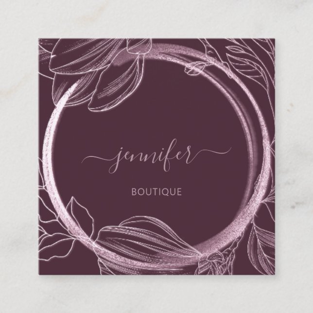 Floral Frame QR Code Logo Berry Marsala  Royal  Square Business Card (Front)