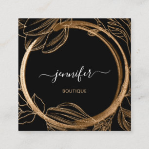 Floral Frame QR Code Logo Black Gold Royal   Square Business Card