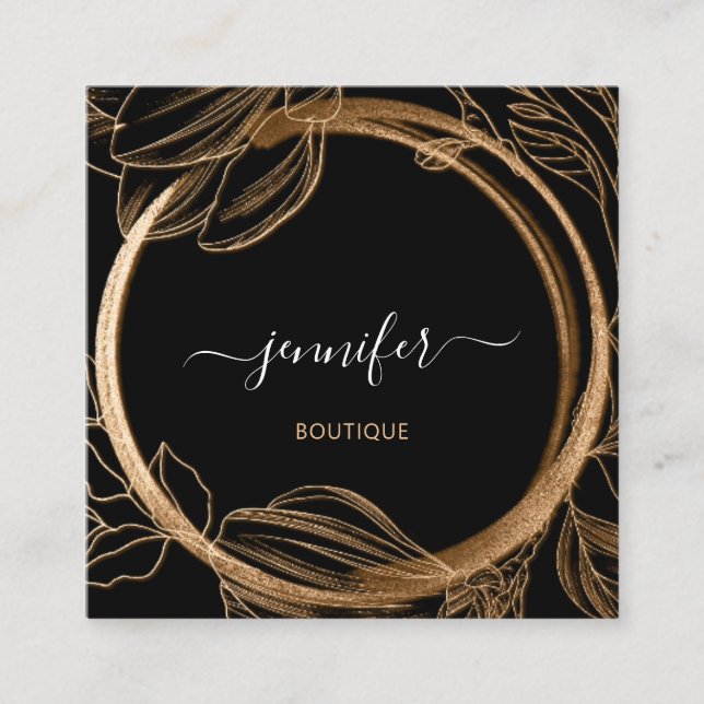 Floral Frame QR Code Logo Black Gold Royal   Square Business Card (Front)