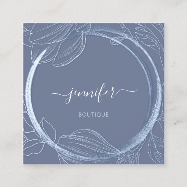 Floral Frame QR Code Logo Blue Smoky Royal Square Business Card (Front)