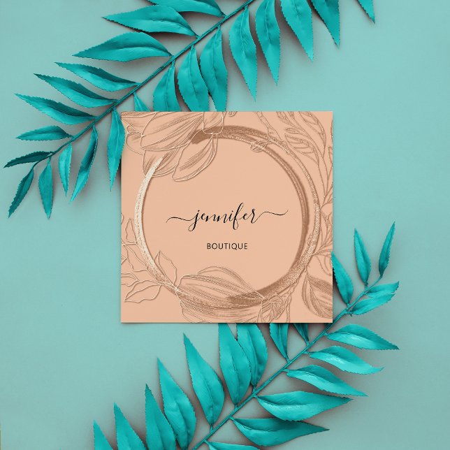 Floral Frame QR Code Logo Brown Gold Peach Salmon  Square Business Card (Creator Uploaded)