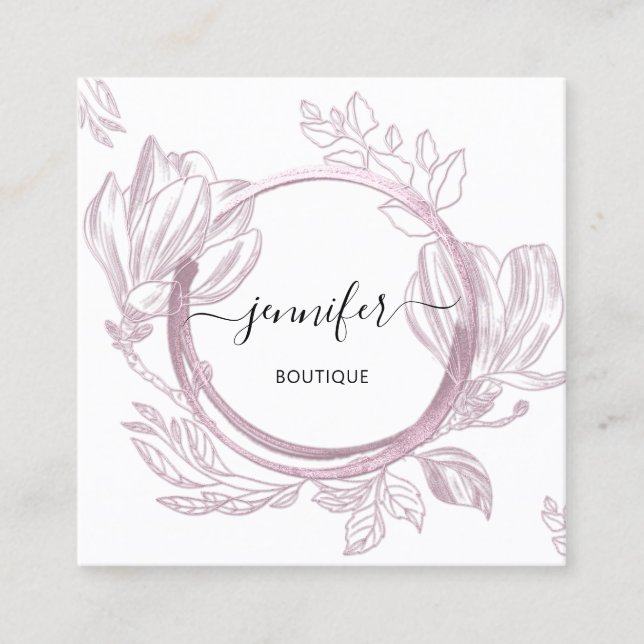 Floral Frame QR Code Logo Garden Rose White Square Business Card (Front)