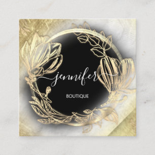Floral Frame QR Code Logo Gold Gray Elegant Square Business Card