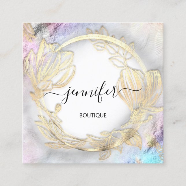 Floral Frame QR Code Logo Gold Grey Abstract  Square Business Card (Front)