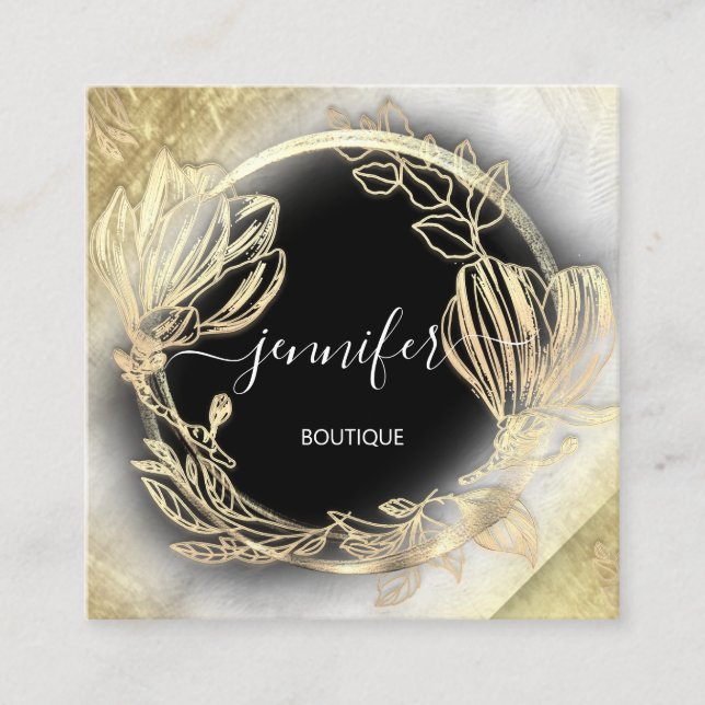 Floral Frame QR Code Logo Gold Grey Elegant Square Business Card (Front)