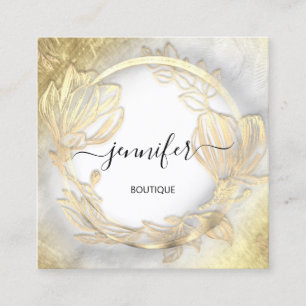 Floral Frame QR Code Logo Gold Grey  Shop  Square Business Card
