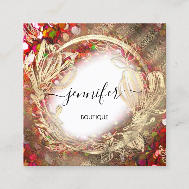 Floral Frame QR Code Logo Gold Red Confetti Royal Square Business Card (Front)