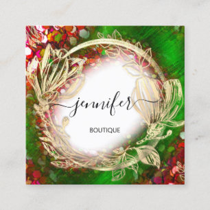 Floral Frame QR Code Logo Gold Red Green Royal Square Business Card