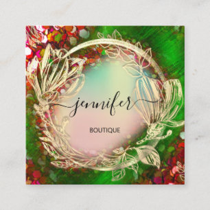 Floral Frame QR Code Logo Gold Red Holographic Square Business Card