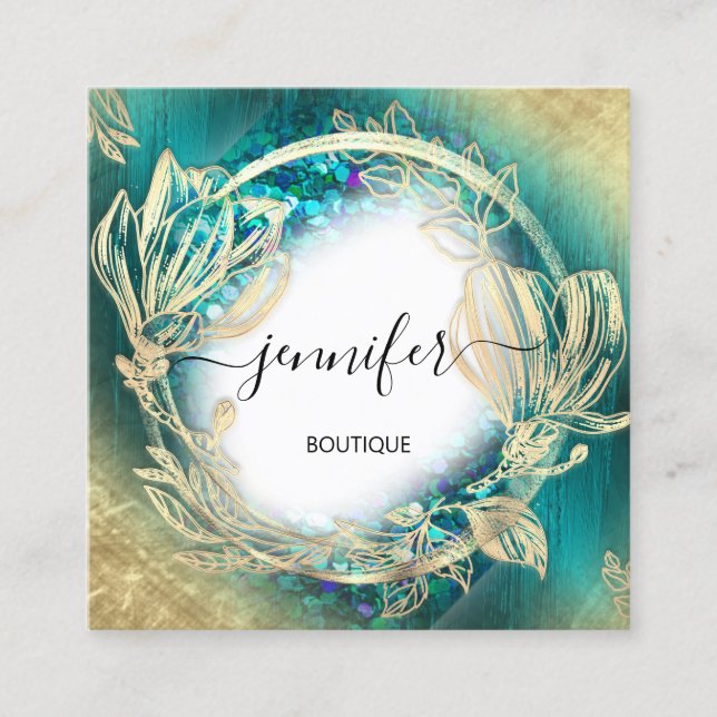 Floral Frame QR Code Logo Gold Teal Blue  Square Business Card (Front)