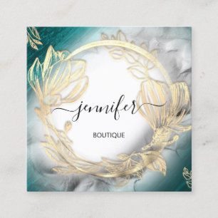 Floral Frame QR Code Logo Gold Teal Gray  Square Business Card