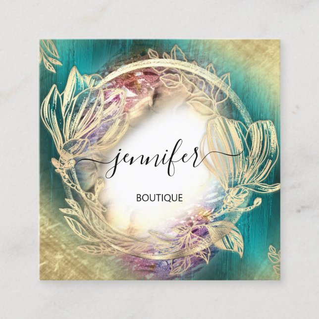 Floral Frame QR Code Logo Gold Teal Green Square Business Card (Front)