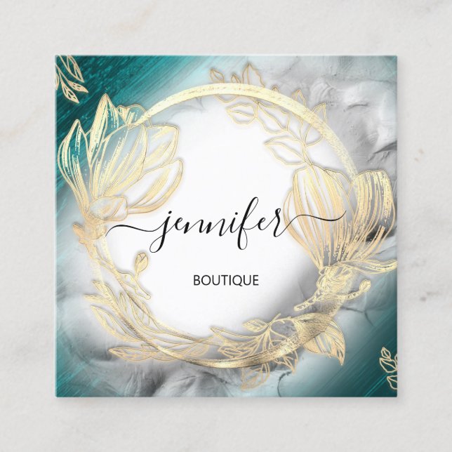 Floral Frame QR Code Logo Gold Teal Grey  Square Business Card (Front)