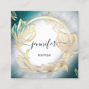 Floral Frame QR Code Logo Gold Teal Grey  Square Business Card