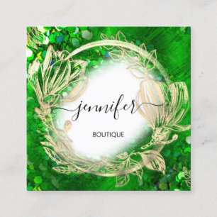 Floral Frame QR Code Logo Gold Tropical Green Square Business Card