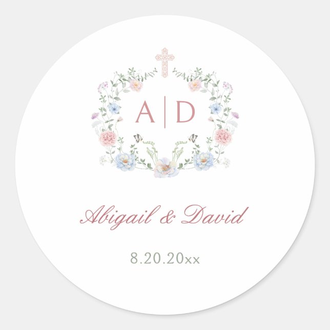 Floral Frame Religious Wedding Monograms Classic Round Sticker (Front)