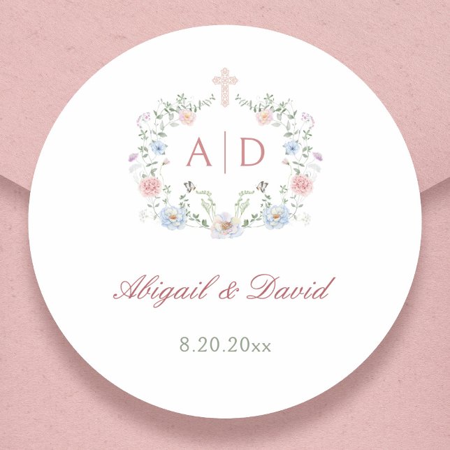 Floral Frame Religious Wedding Monograms Classic Round Sticker (Creator Uploaded)