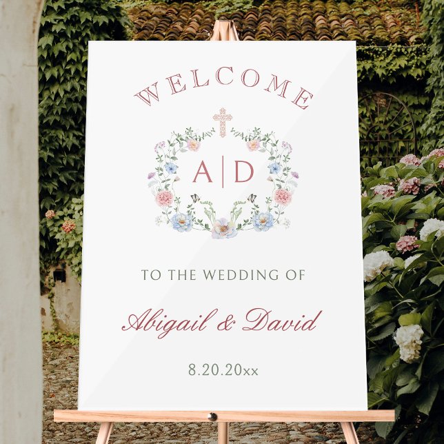 Floral Frame Religious Wedding Monograms Welcome Acrylic Sign (Creator Uploaded)