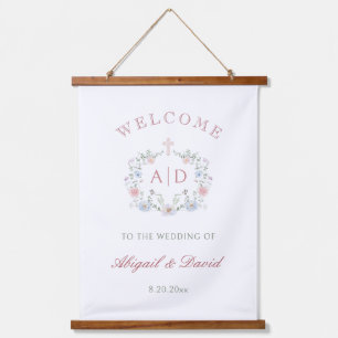Floral Frame Religious Wedding Monograms Welcome Hanging Tapestry