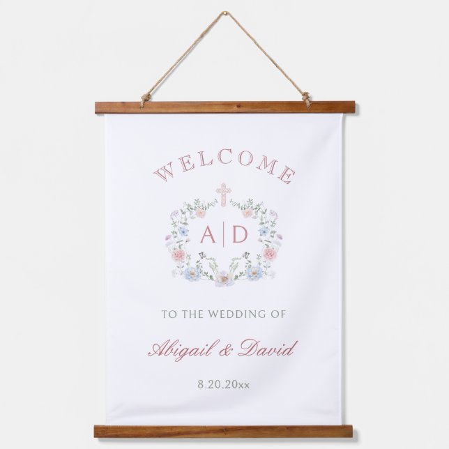 Floral Frame Religious Wedding Monograms Welcome Hanging Tapestry (Front)