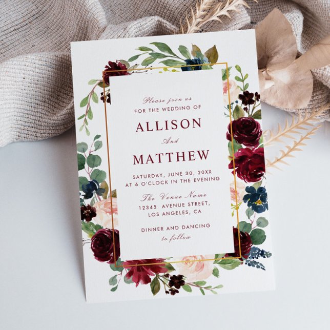 Floral frame watercolor burgundy blooms wedding invitation (Creator Uploaded)