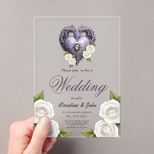 Floral frame with a heart and white roses acrylic invitations