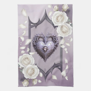 Floral frame with a heart and white roses kitchen towel