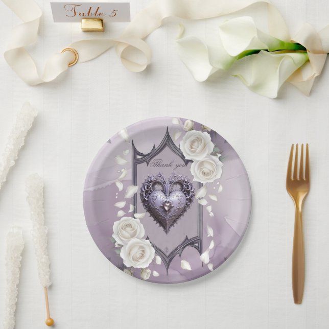 Floral frame with a heart and white roses  paper plate (Wedding)