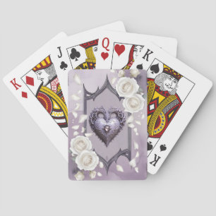 Floral frame with a heart and white roses playing cards