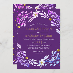 Floral frame with gold confetti purple wedding invitation