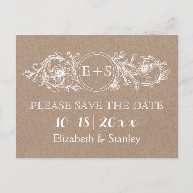 Floral frame with initials wedding Save the Date Announcement Postcard (Front)