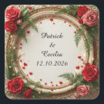 Floral Frame with Red and Pink Roses Square Sticker<br><div class="desc">A decorative circular floral frame adorned with vibrant red and pink roses, green leaves, and tiny hearts. Represents romance and elegance, suitable for festive occasions or romantic invitations.</div>