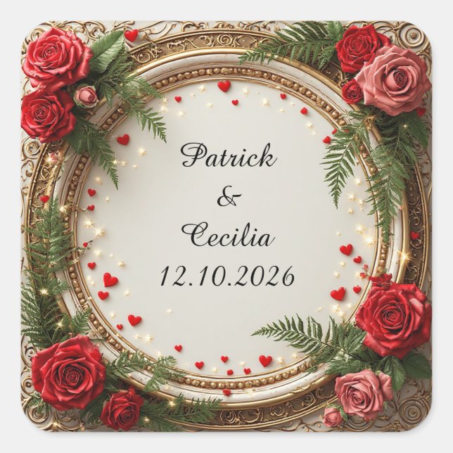 Floral Frame with Red and Pink Roses Square Sticker (Front)
