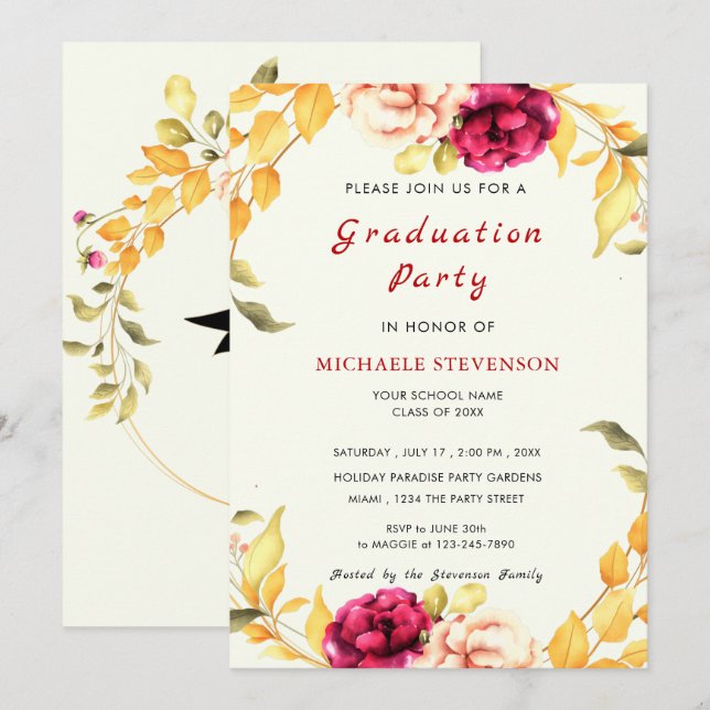Floral Framed Graduation Invitations Example (Front/Back)